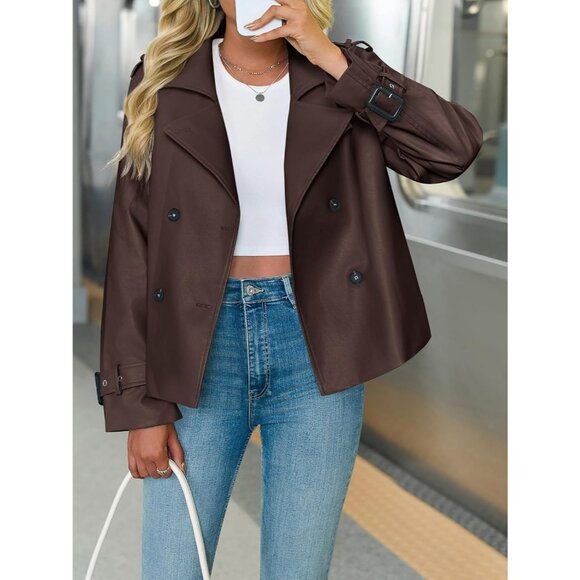 Womens Dark brown Leather Oversized Button Down Motorcycle Jacket - Picture 2 of 6